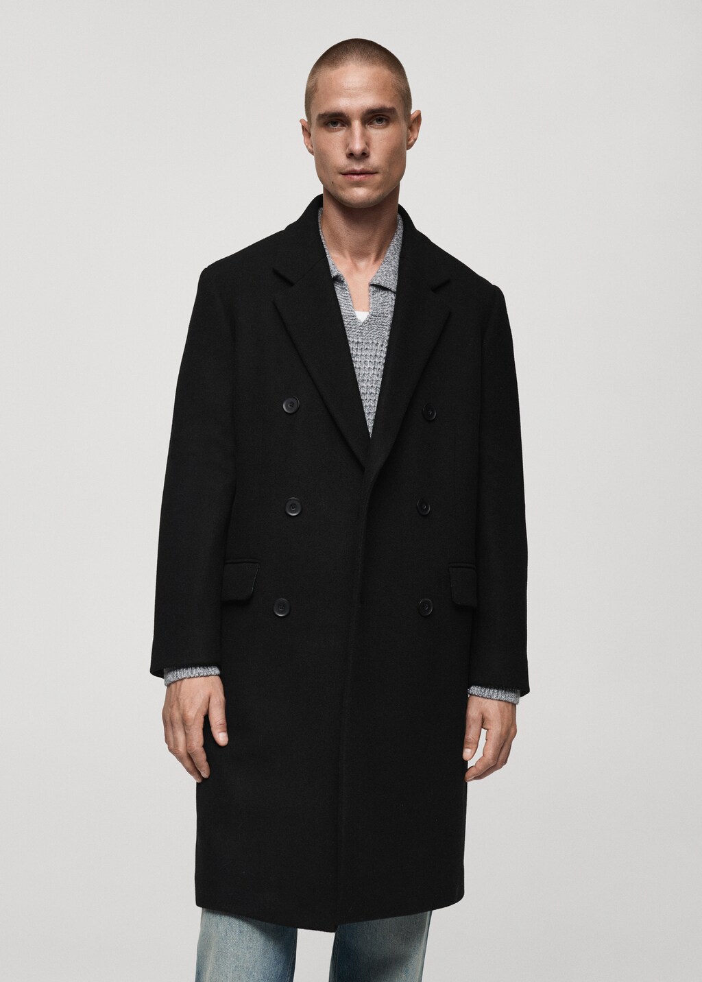 Recycled wool double-breasted coat - Black