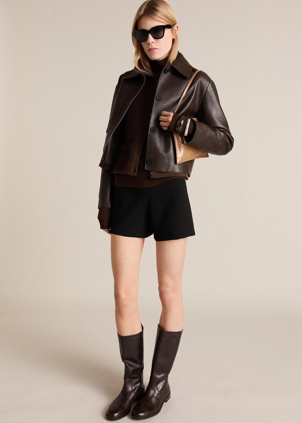 Polo-neck knitted jacket - Brown