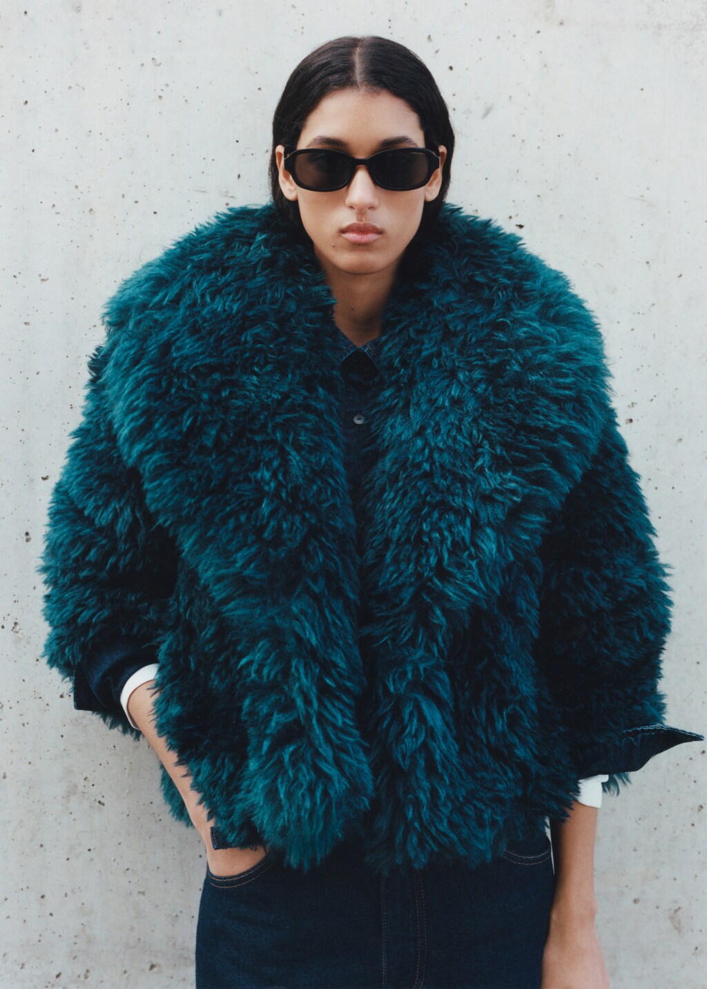 Fur-effect coat with lapels - Blue