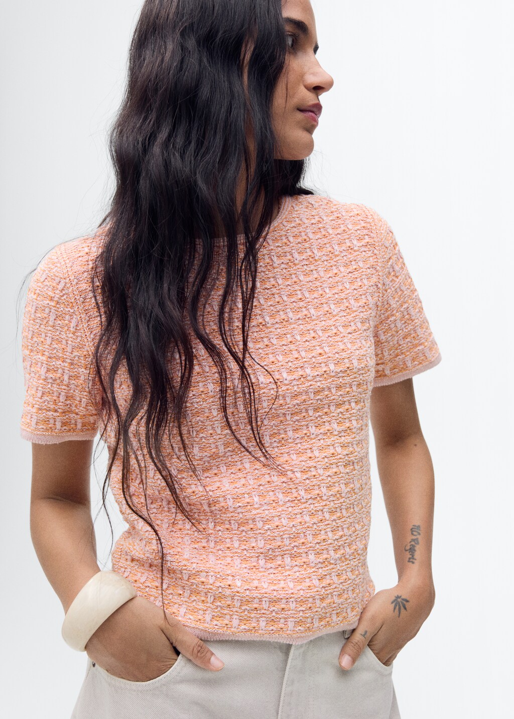 Short-sleeved tweed sweater - Pastel Pink
