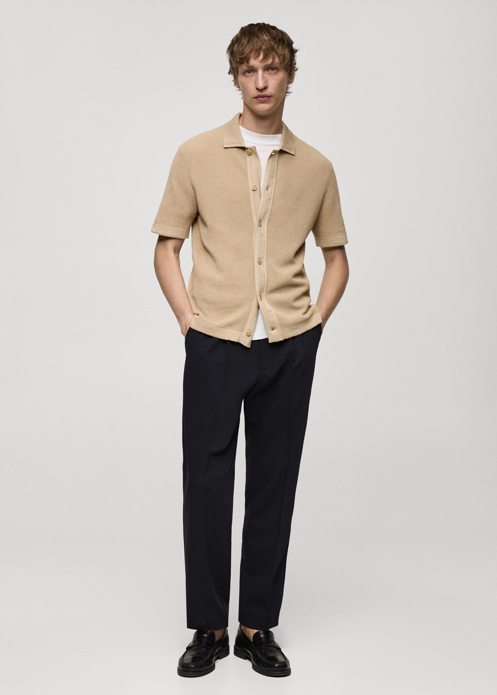 Buttoned micro-structure knitted polo shirt - Beige