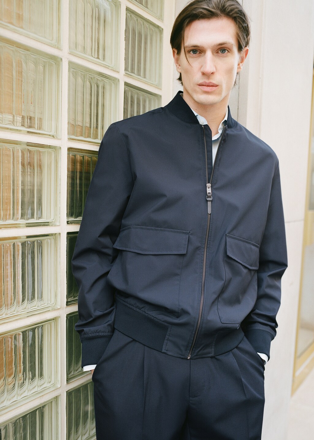 Water-repellent bomber jacket with pockets - Night Blue