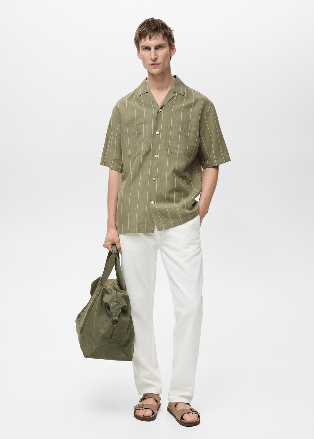 Linen bowling shirt with pinstripes - Green