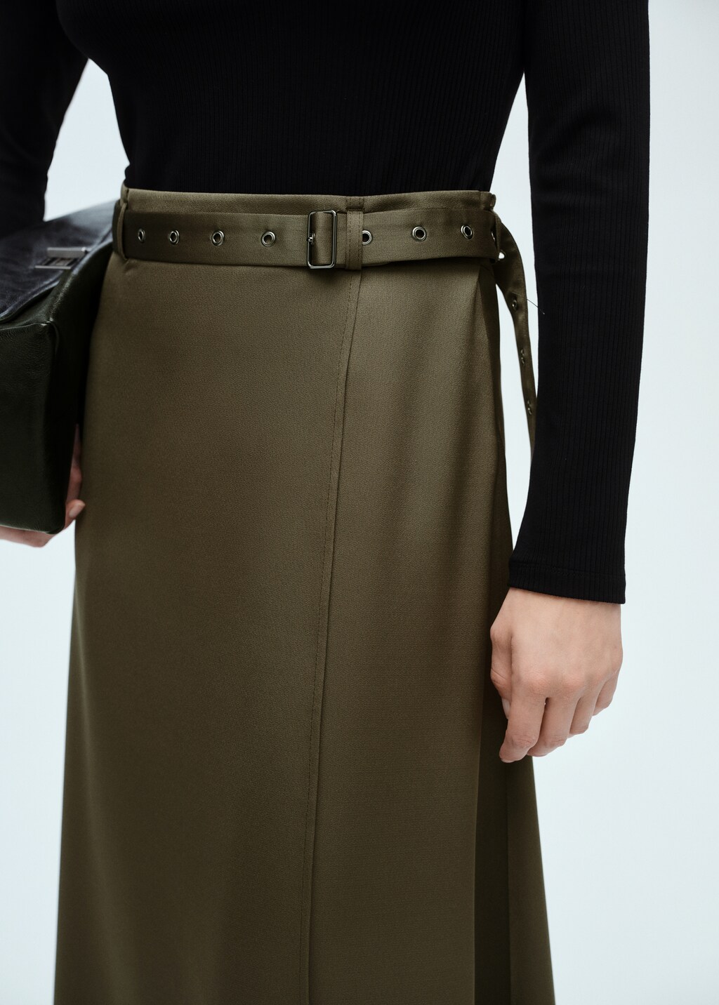 Combined woven dress with belt - Khaki