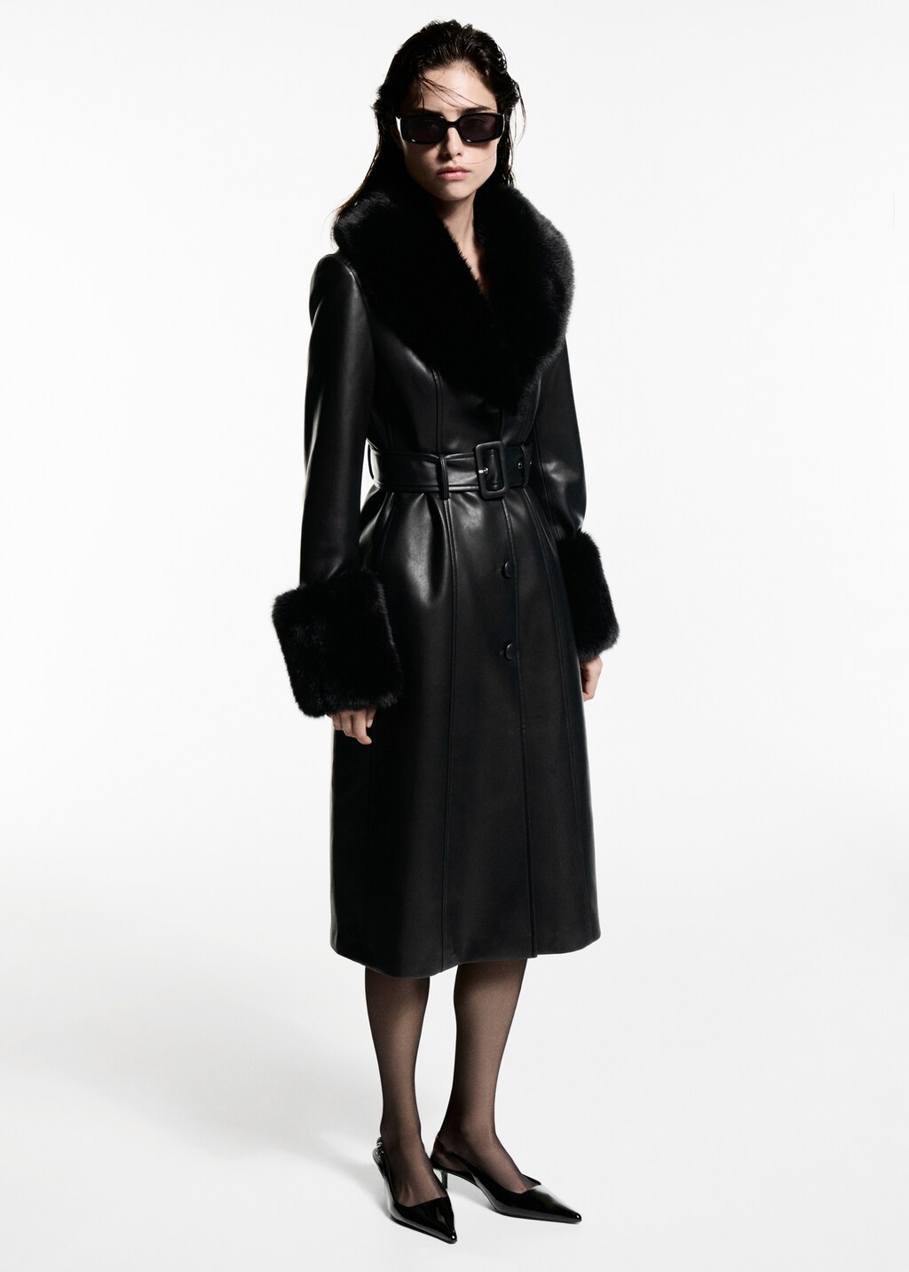 Leather-effect coat with fur-effect trim - Black