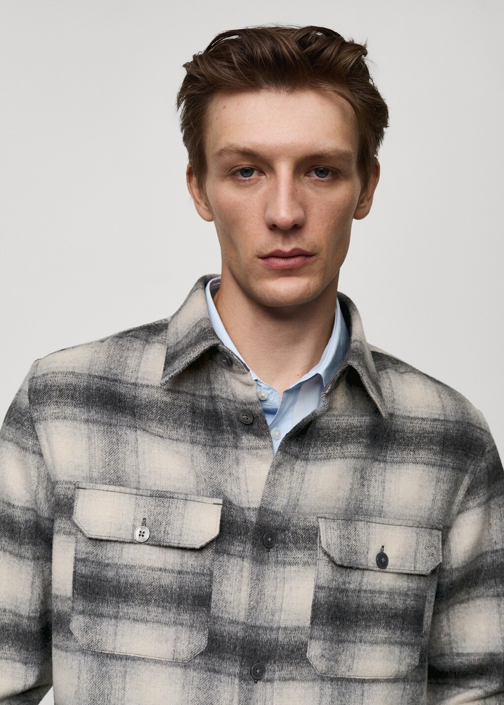 Plaid wool overshirt with pockets - Grey
