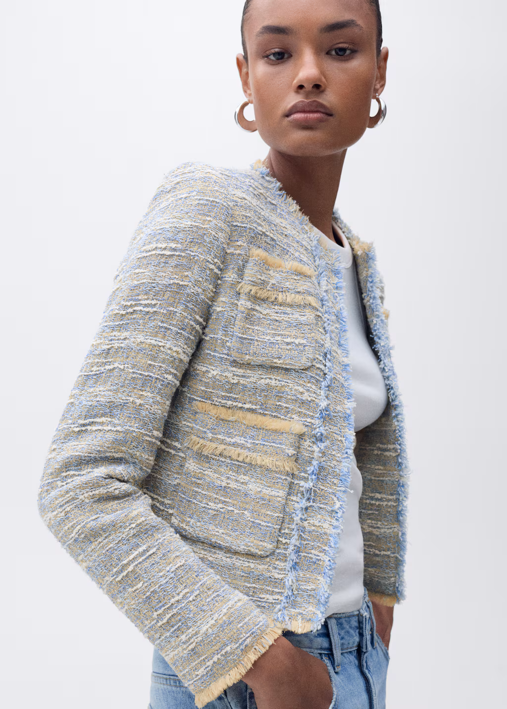 Tweed jacket with frayed ends - Sky Blue