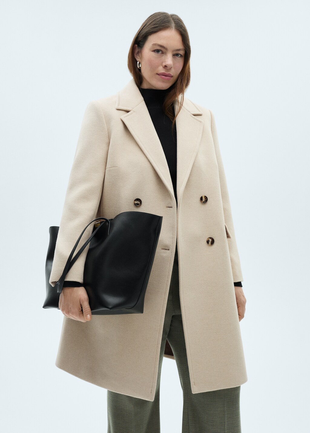 Double-breasted midi wool coat - Black