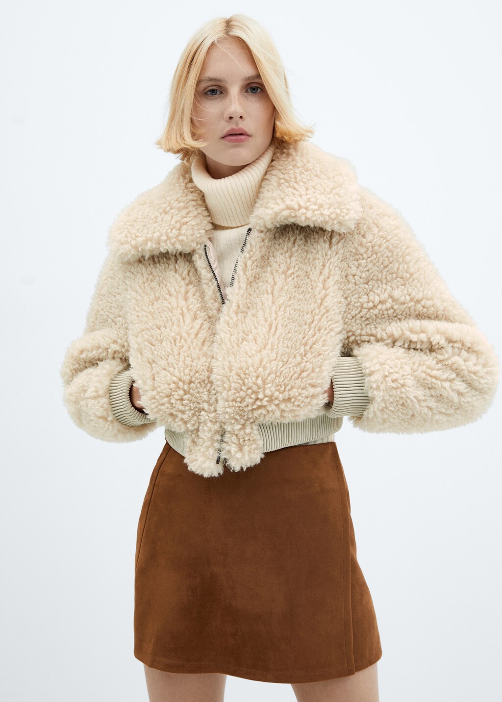 Fur-effect bomber jacket - Ecru