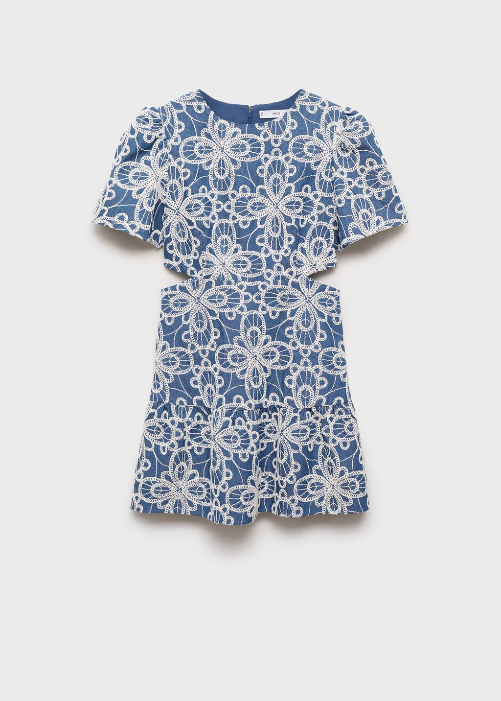 Flower embroidered ruffled dress - Medium Blue