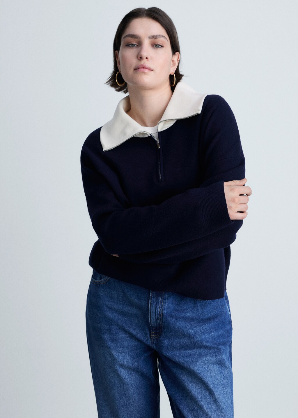 Knitted sweater with contrasting collar - Dark Navy