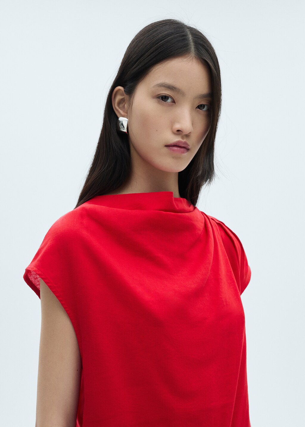 Linen dress with draped collar - Red