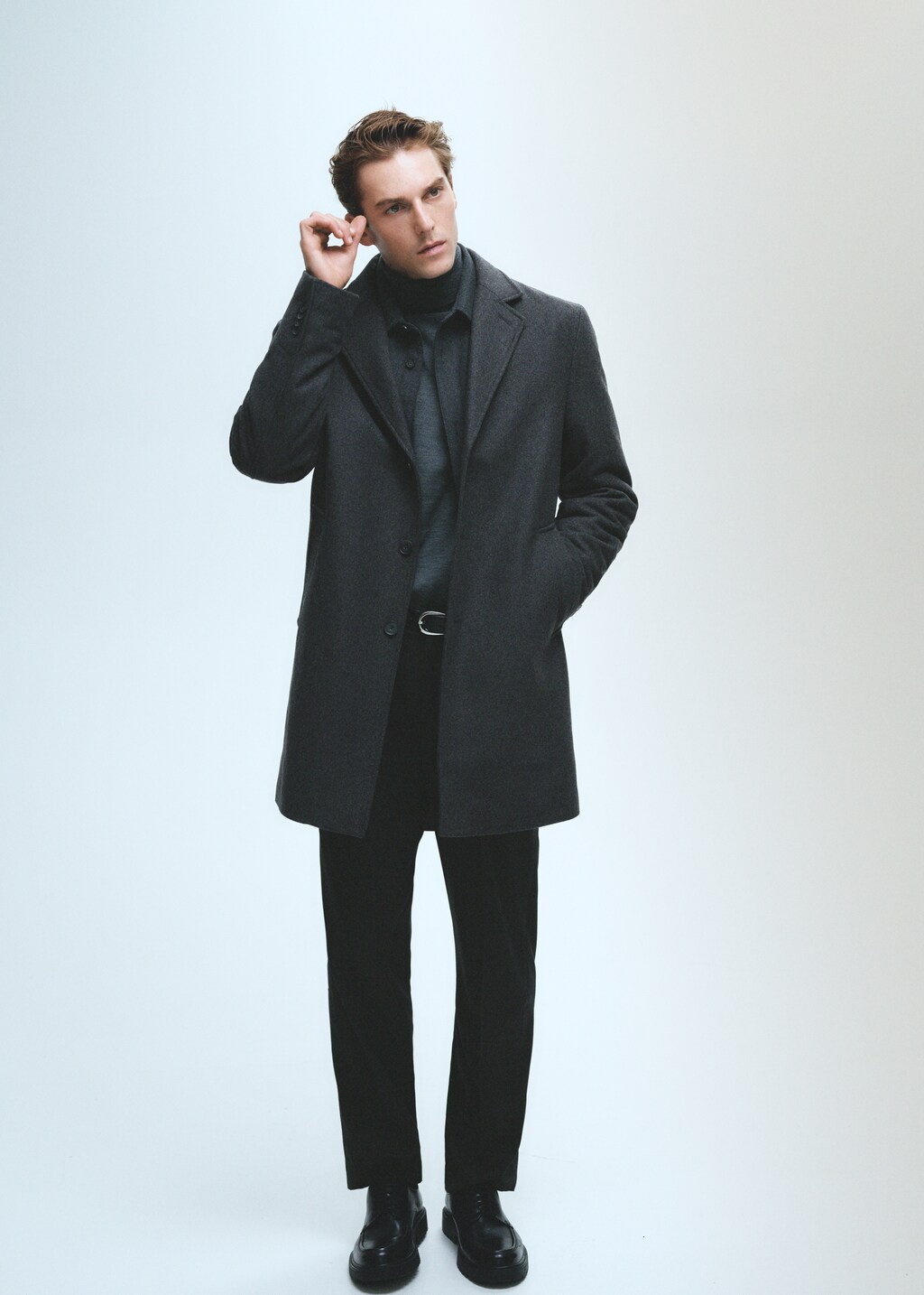 Regular fit quilted wool coat - Black