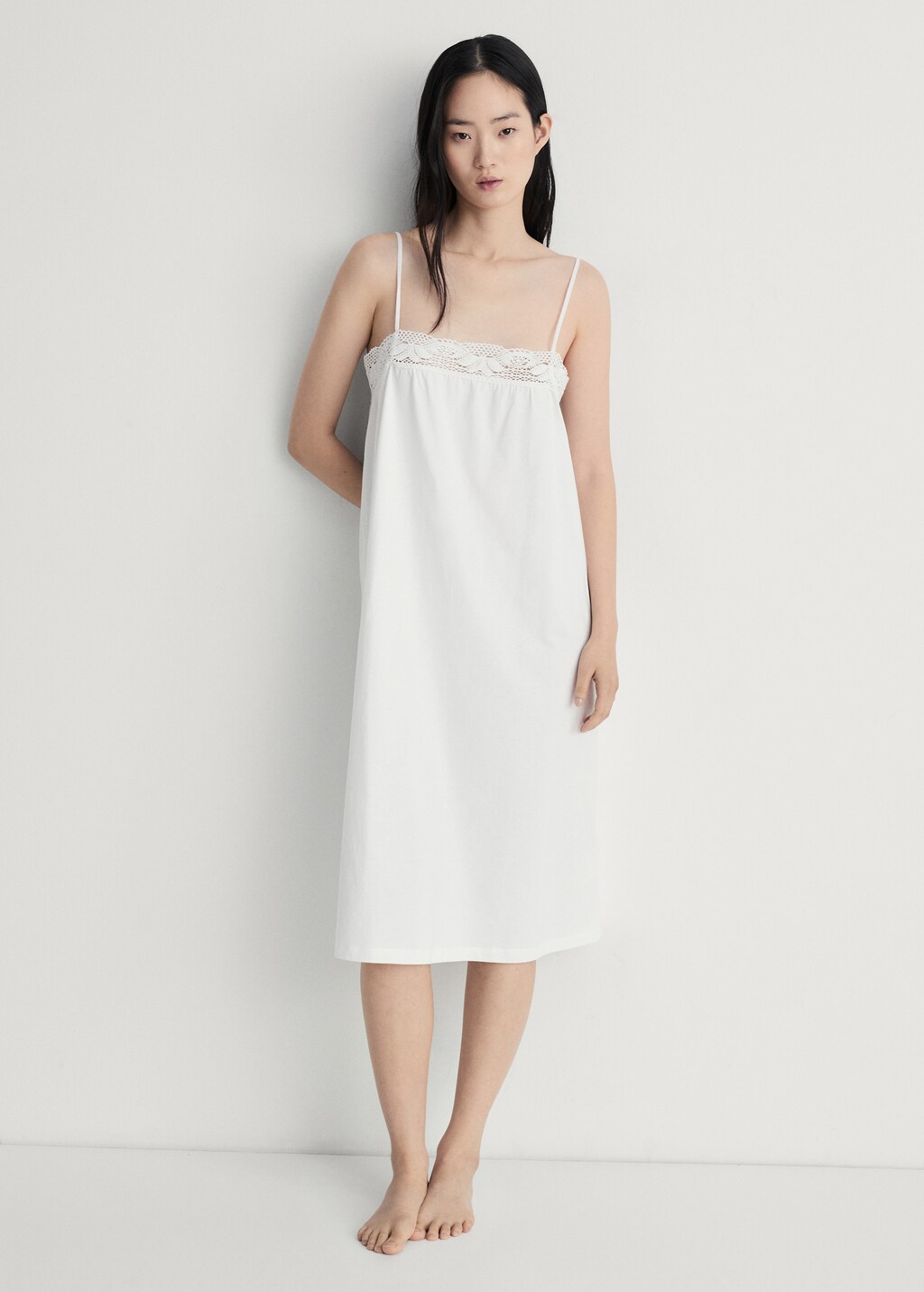 Cotton nightgown with lace detail - White