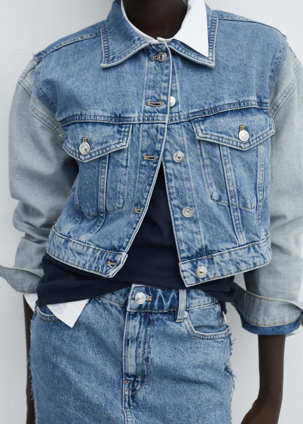 Two-tone cropped denim jacket - Medium Blue
