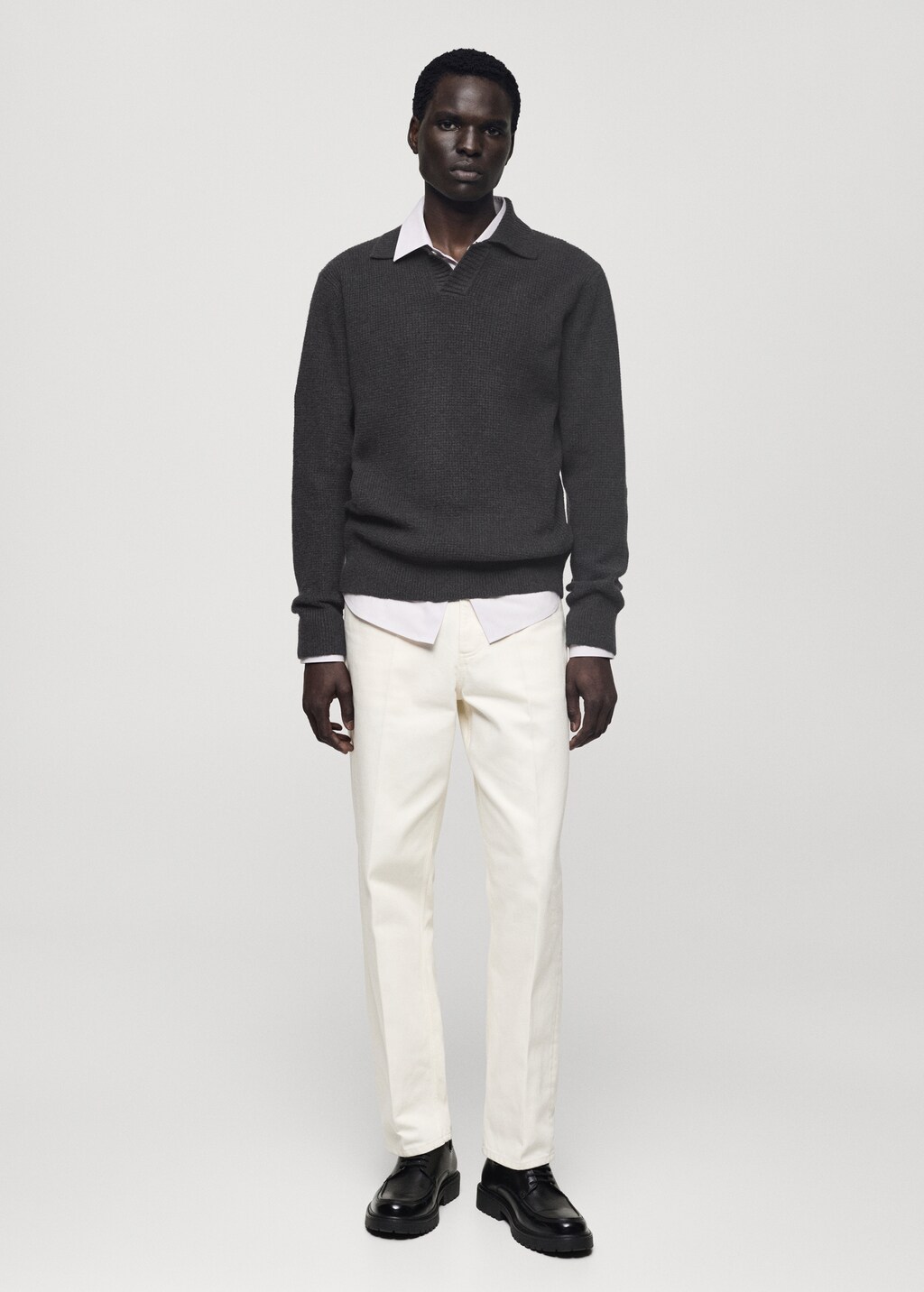 Knitted structured check polo sweater - Off White