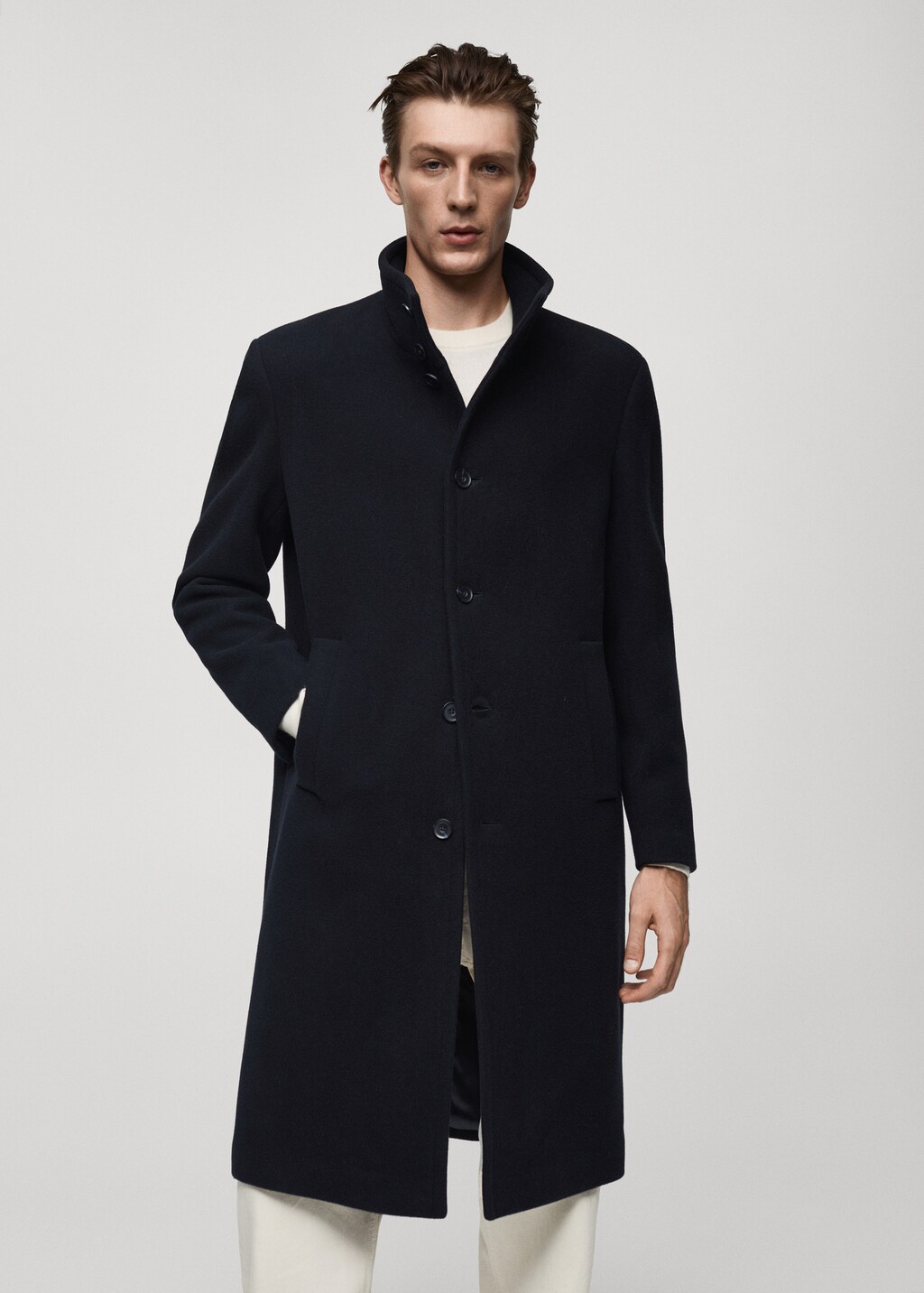 Long wool coat with collar - Dark Navy