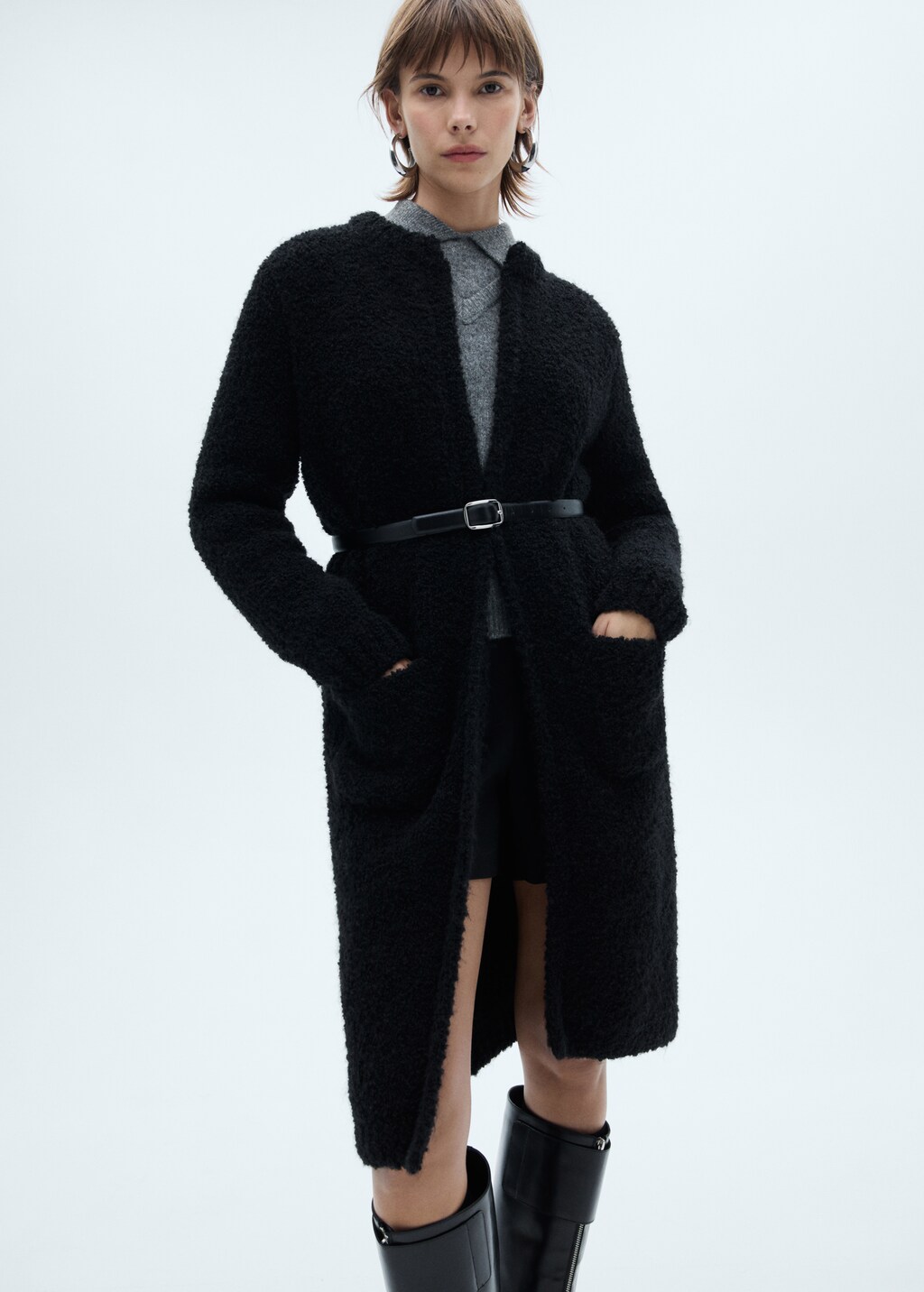 Bouclé knitted coat - Black