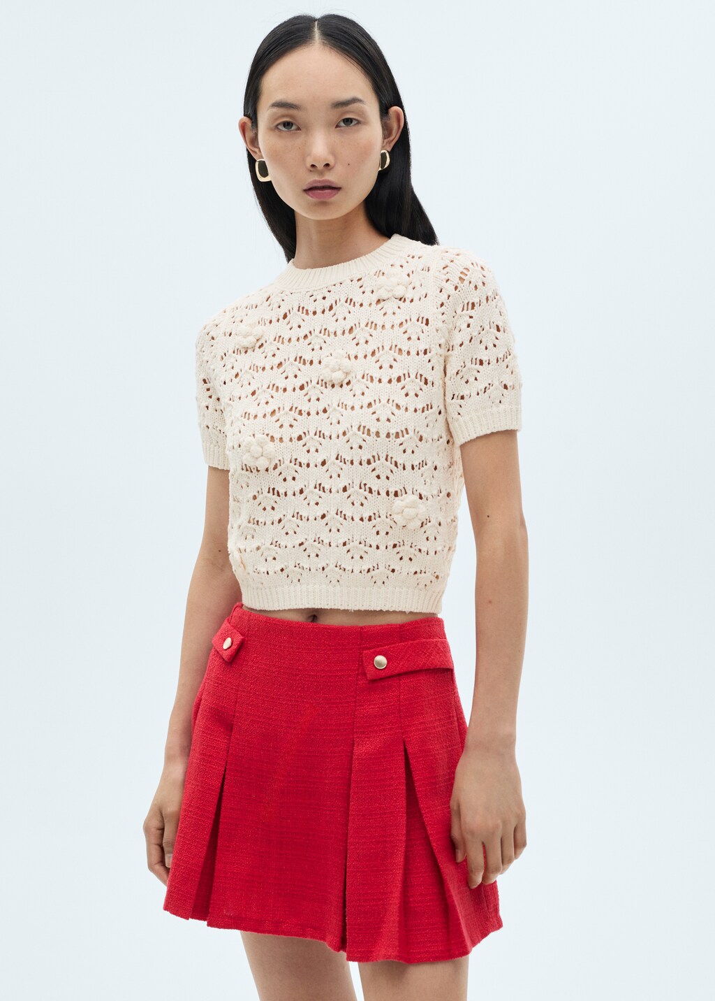 Short openwork knitted sweater - Ecru