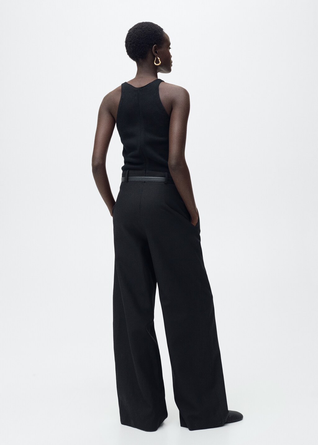 Combined-fabric jumpsuit with belt - Khaki