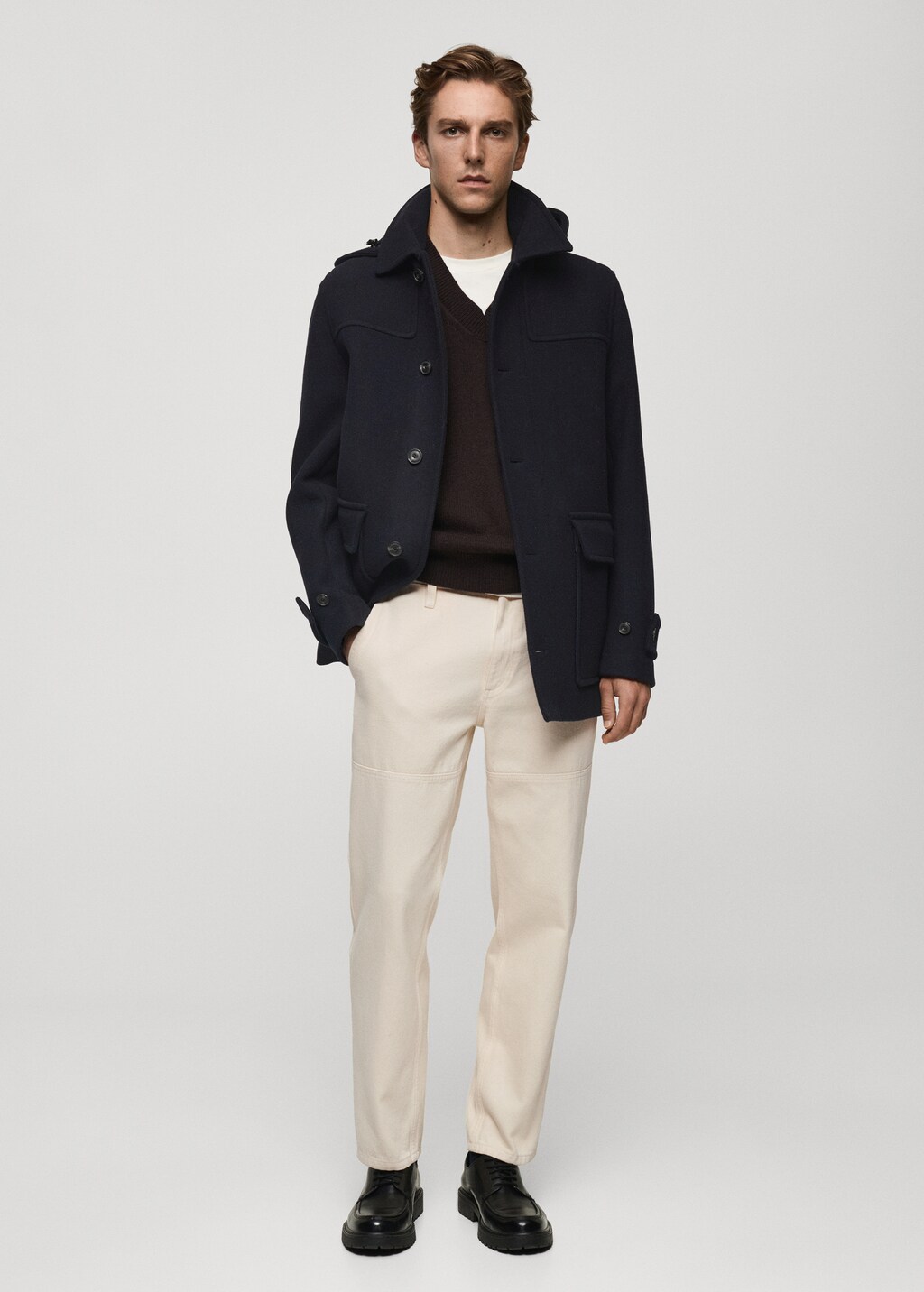 Detachable hood wool coat - Khaki