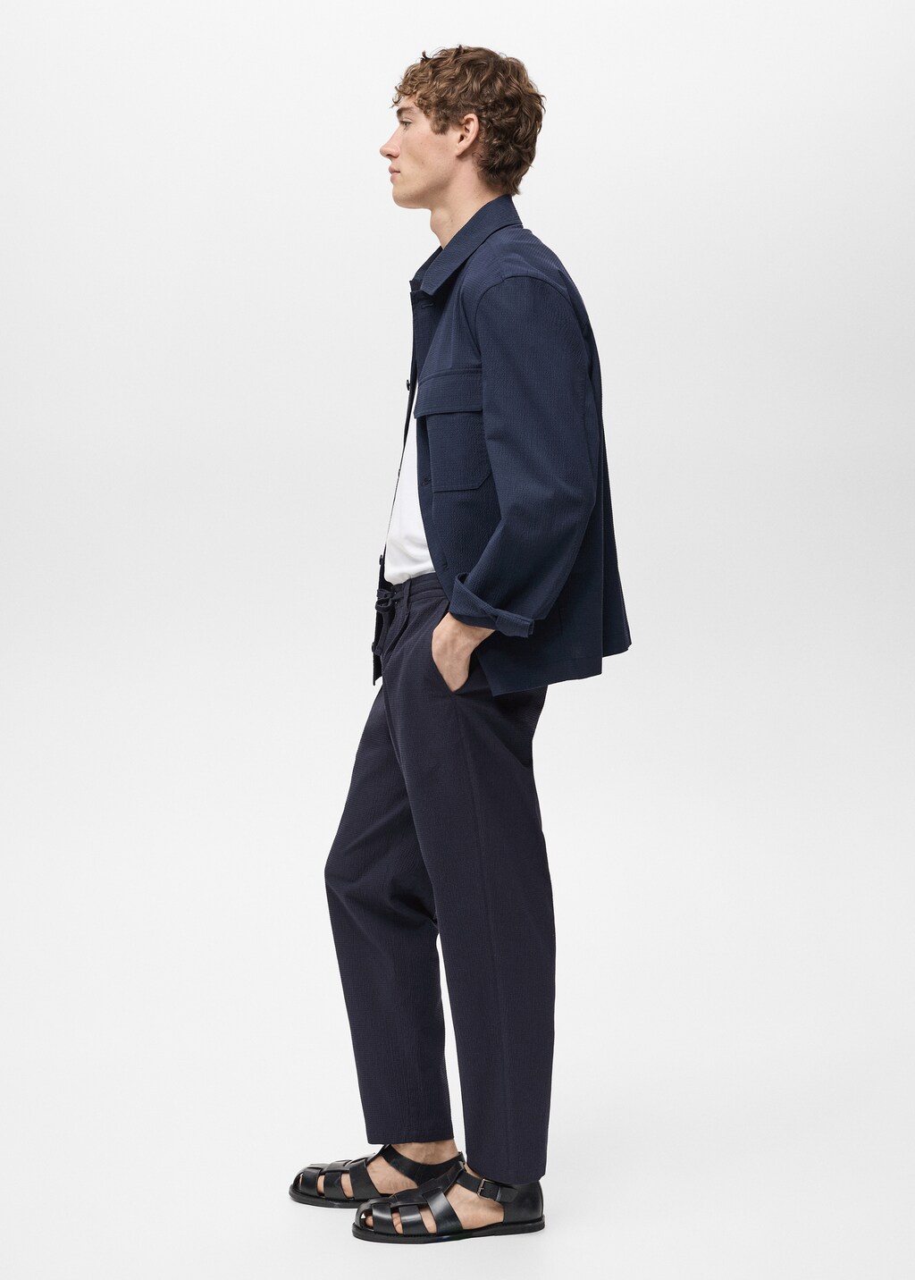 Seersucker cotton trousers - Night Blue