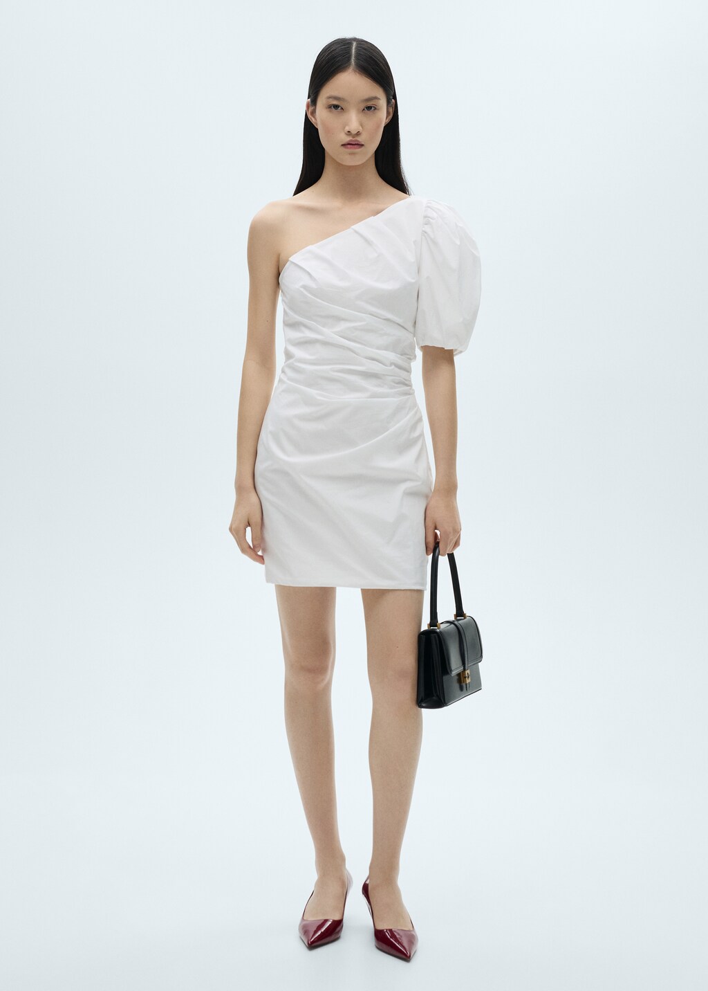 Asymmetrical puff-sleeve dress - White