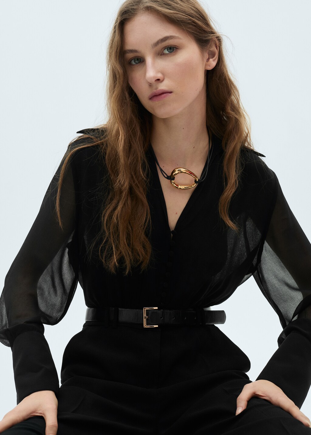 Wideleg jumpsuit with semi-transparent sleeves - Black