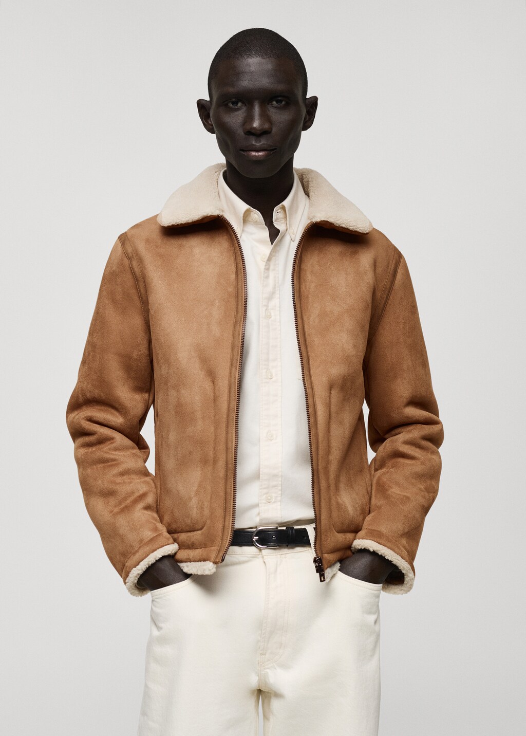 Double face jacket with sheepskin details - Medium Brown