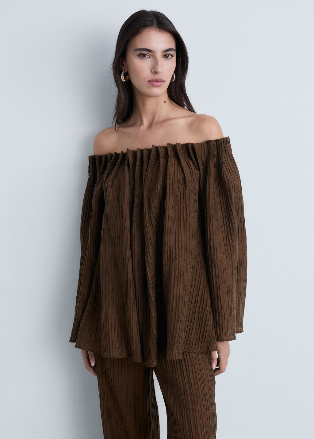 Textured gathered blouse - Coffee