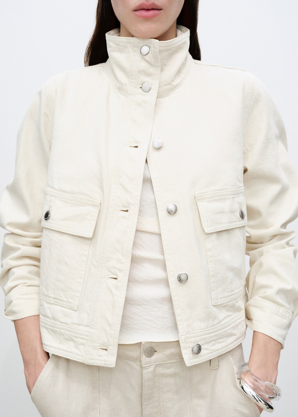 Cotton jacket with high collar and pockets - Off White