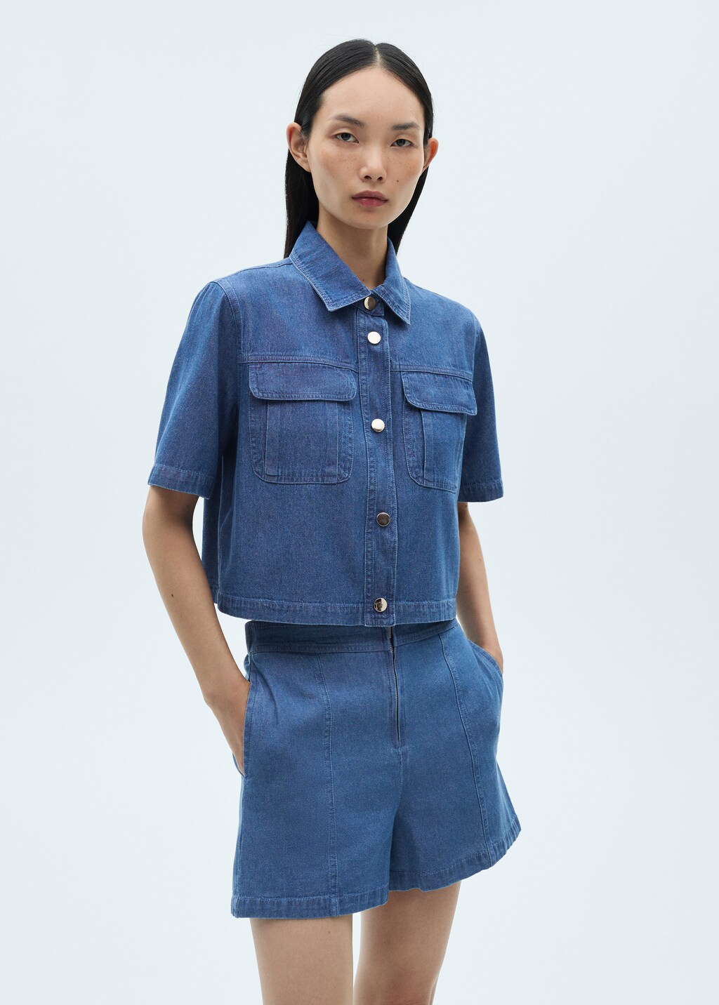 Denim-effect cotton shorts - Medium Blue