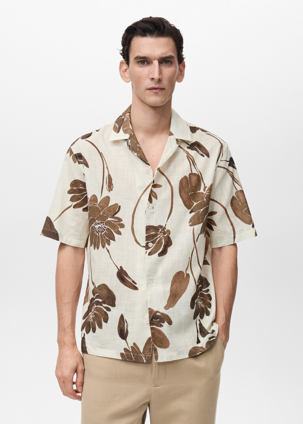 Floral-print shirt with bowling collar - Brown