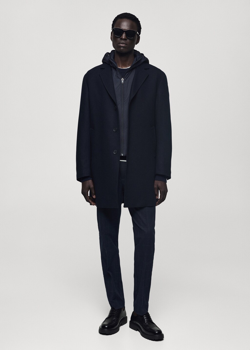 Wool coat with quilted interior hood - Black