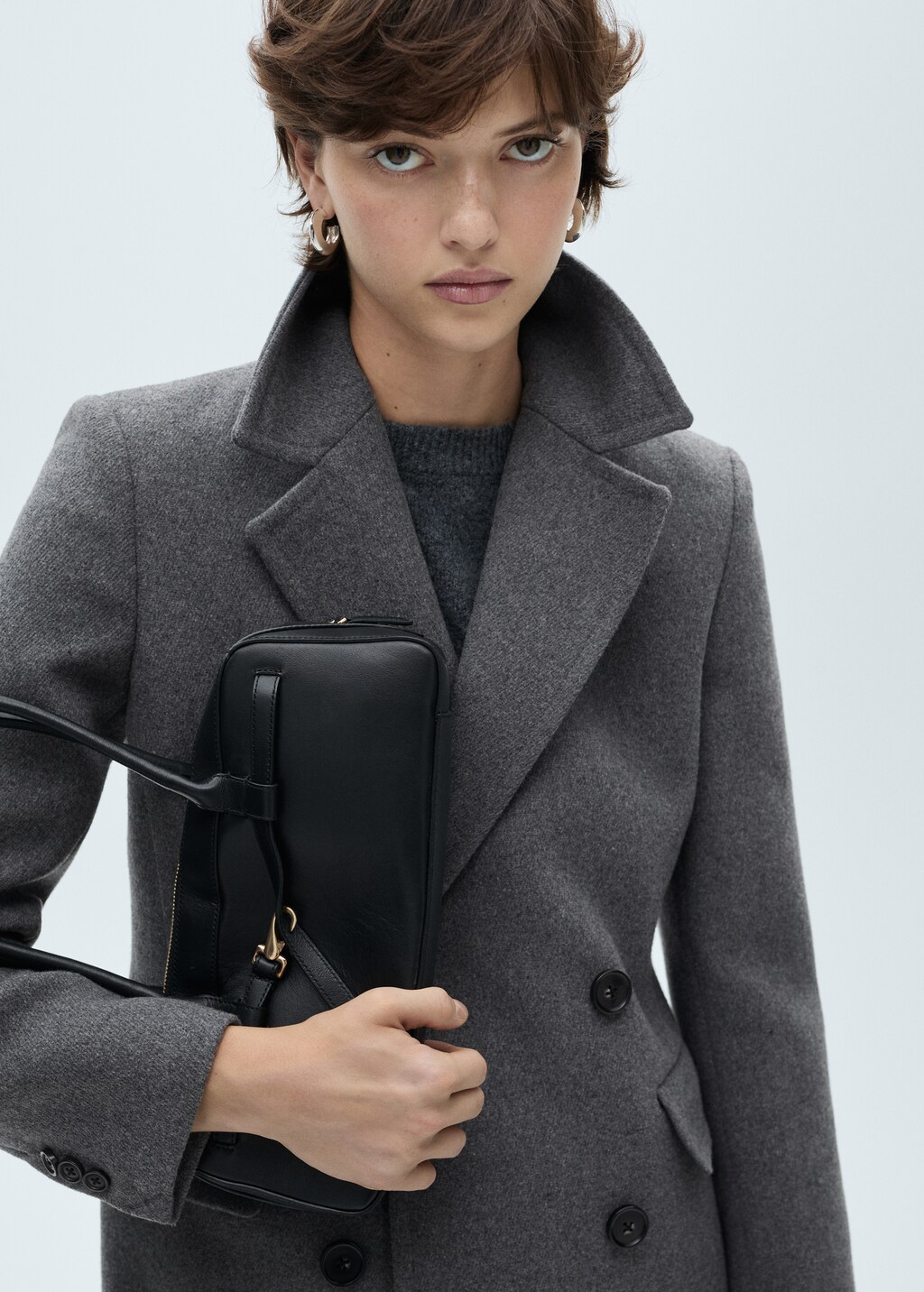 Double-breasted midi wool coat - Black