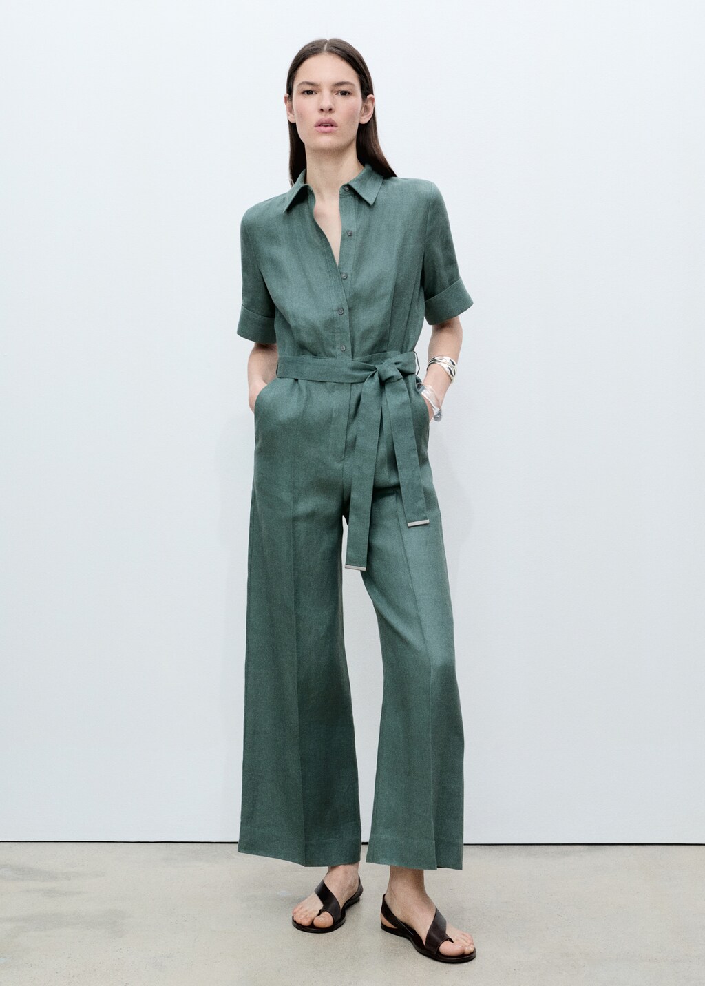 Linen shirt jumpsuit - Forest Green