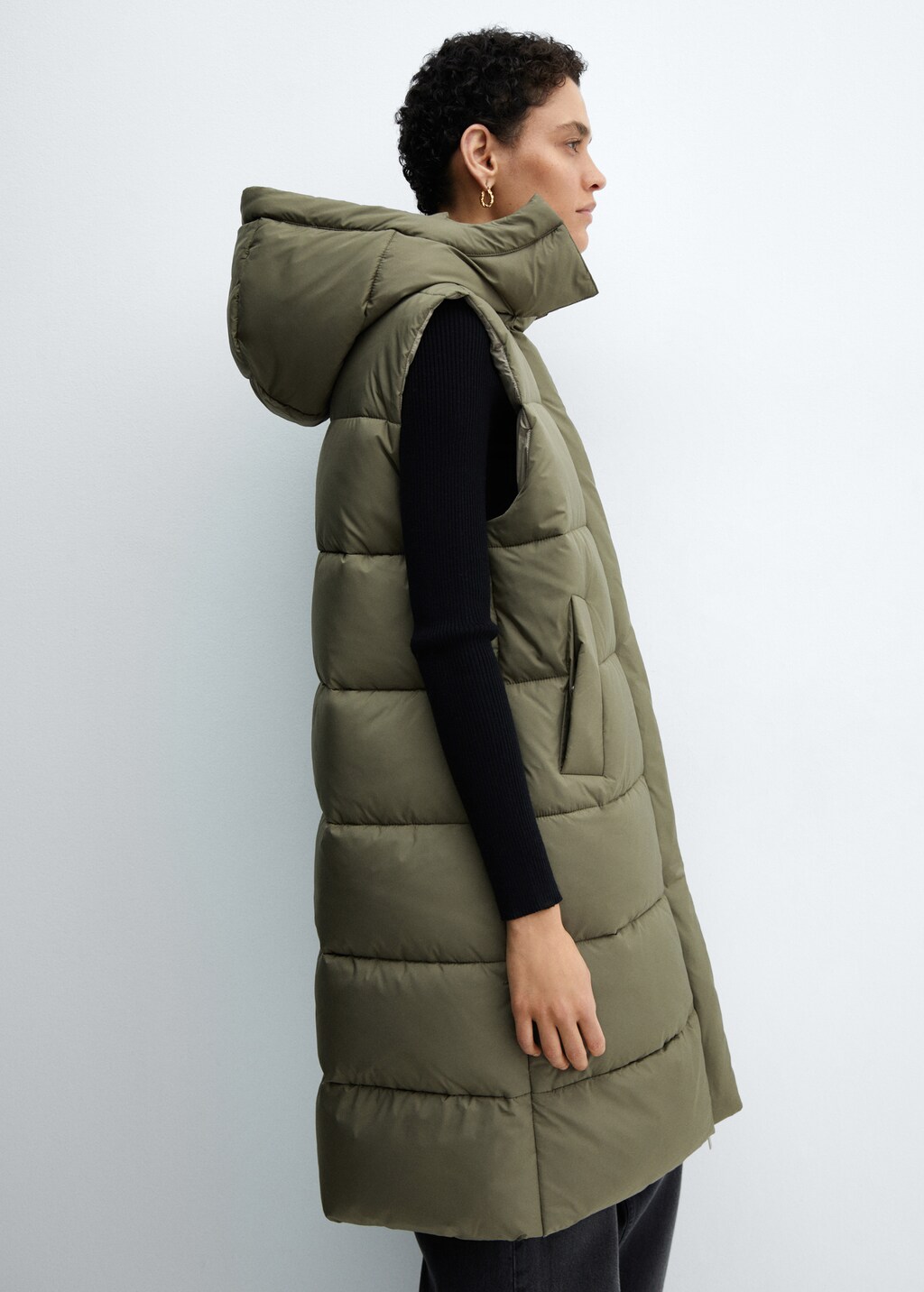 Quilted gilet with hood - Khaki