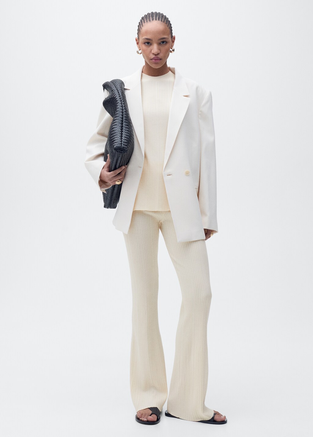 Flared rib-knit trousers - Ecru