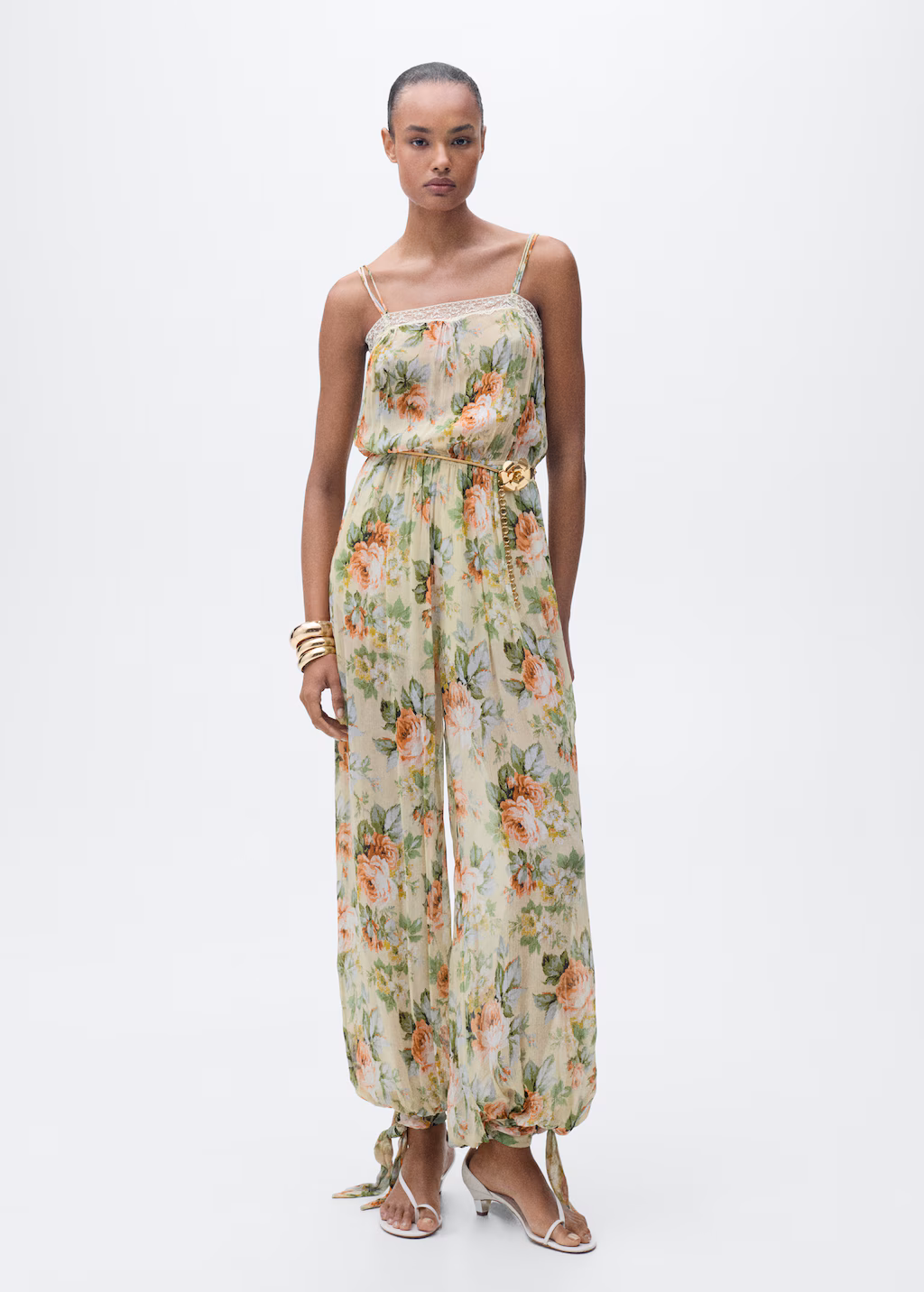 Long floral jumpsuit with puffed hem - Ecru