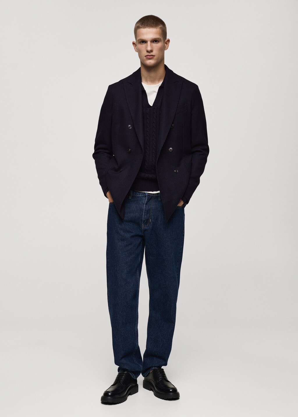 Twill slim-fit double-breasted jacket - Dark Navy