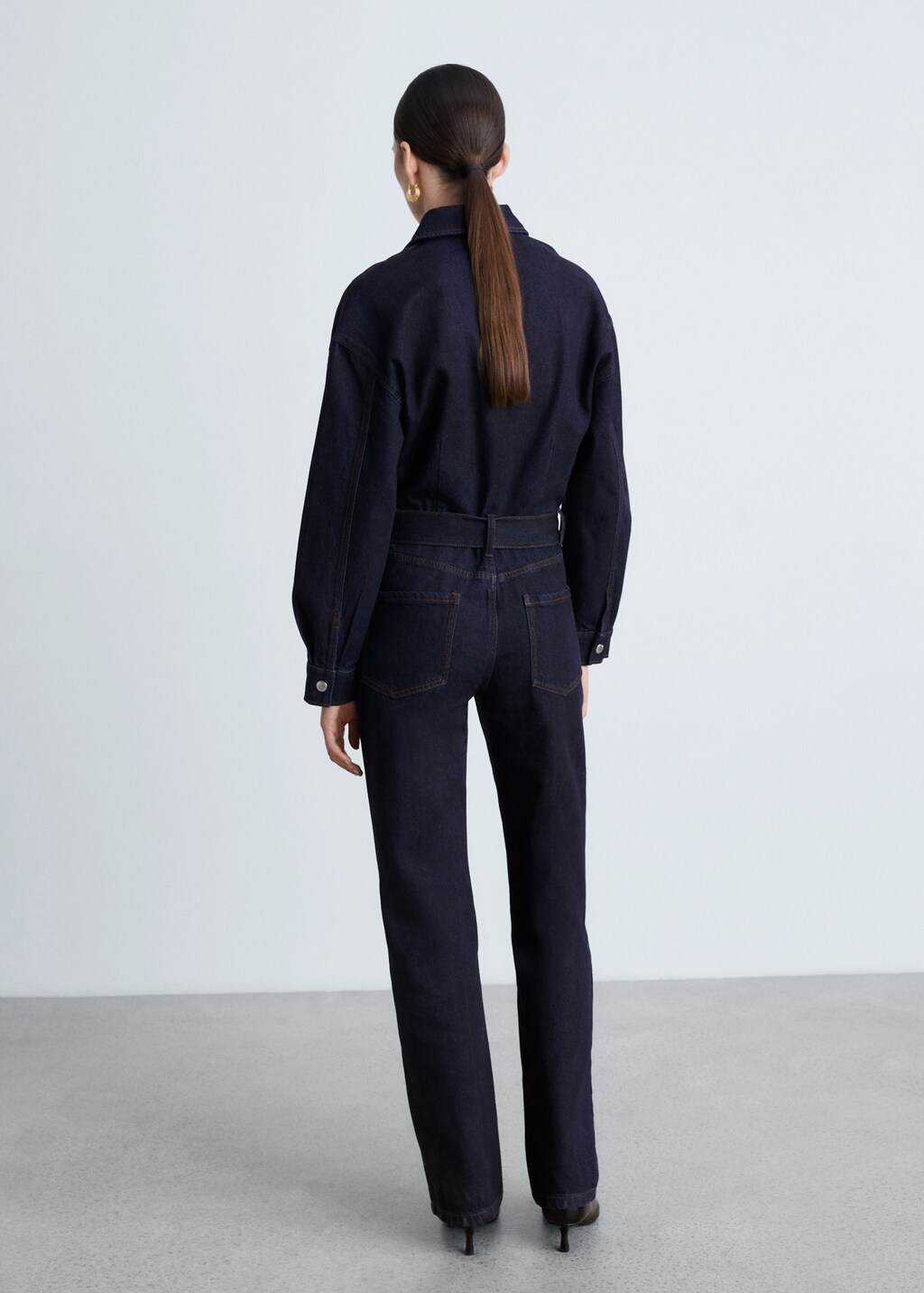 Rinse-wash denim jumpsuit with belt - Open Blue