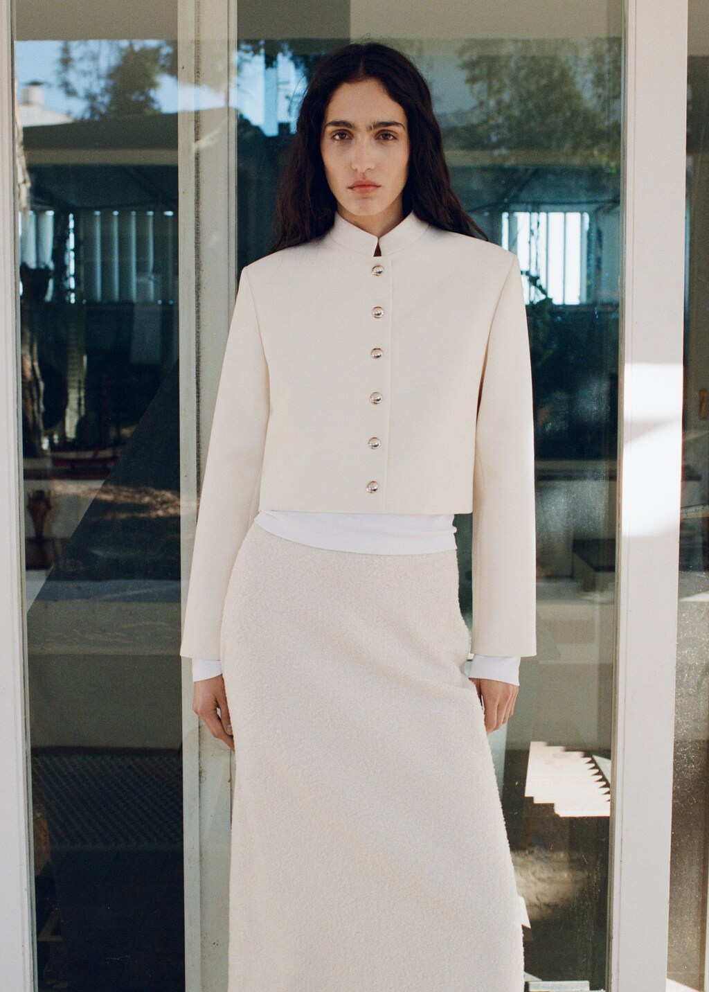 Strip-neck cropped jacket - Ecru