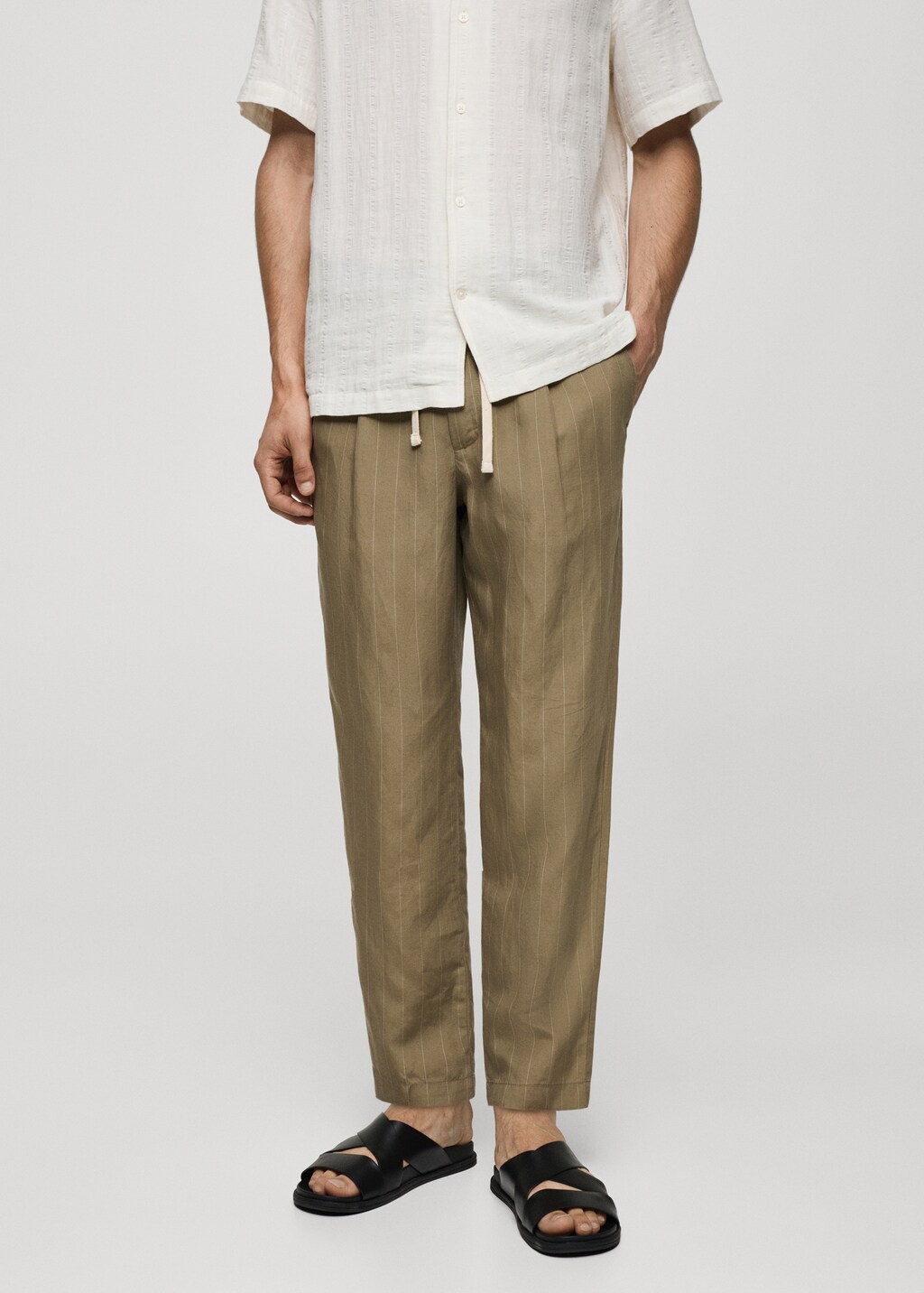 100% linen striped trousers with drawstring - Off White