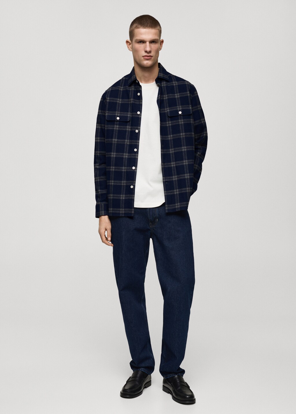 100% cotton flannel check overshirt - Dark Navy