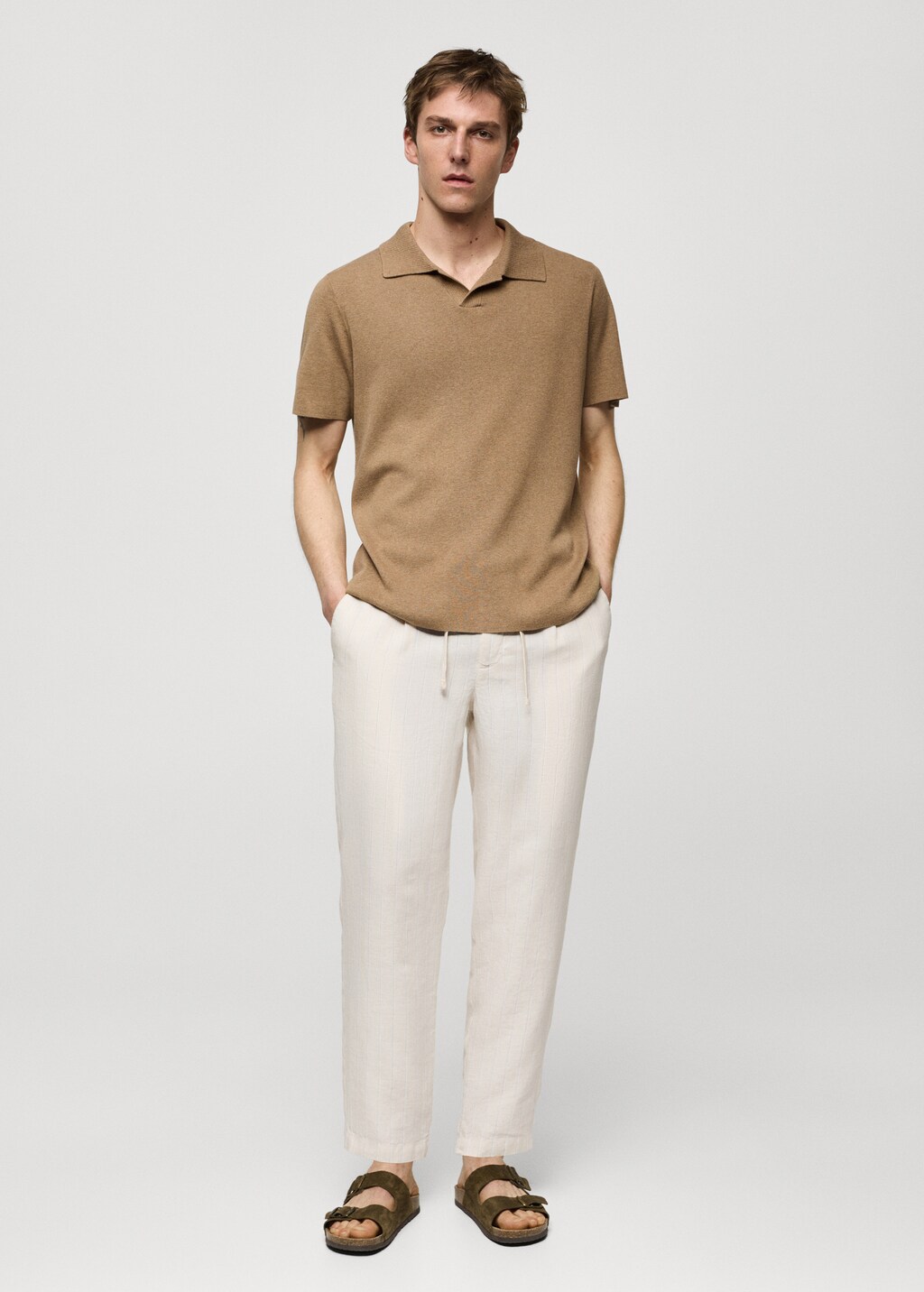 Linen-blend striped trousers with drawstring - Khaki