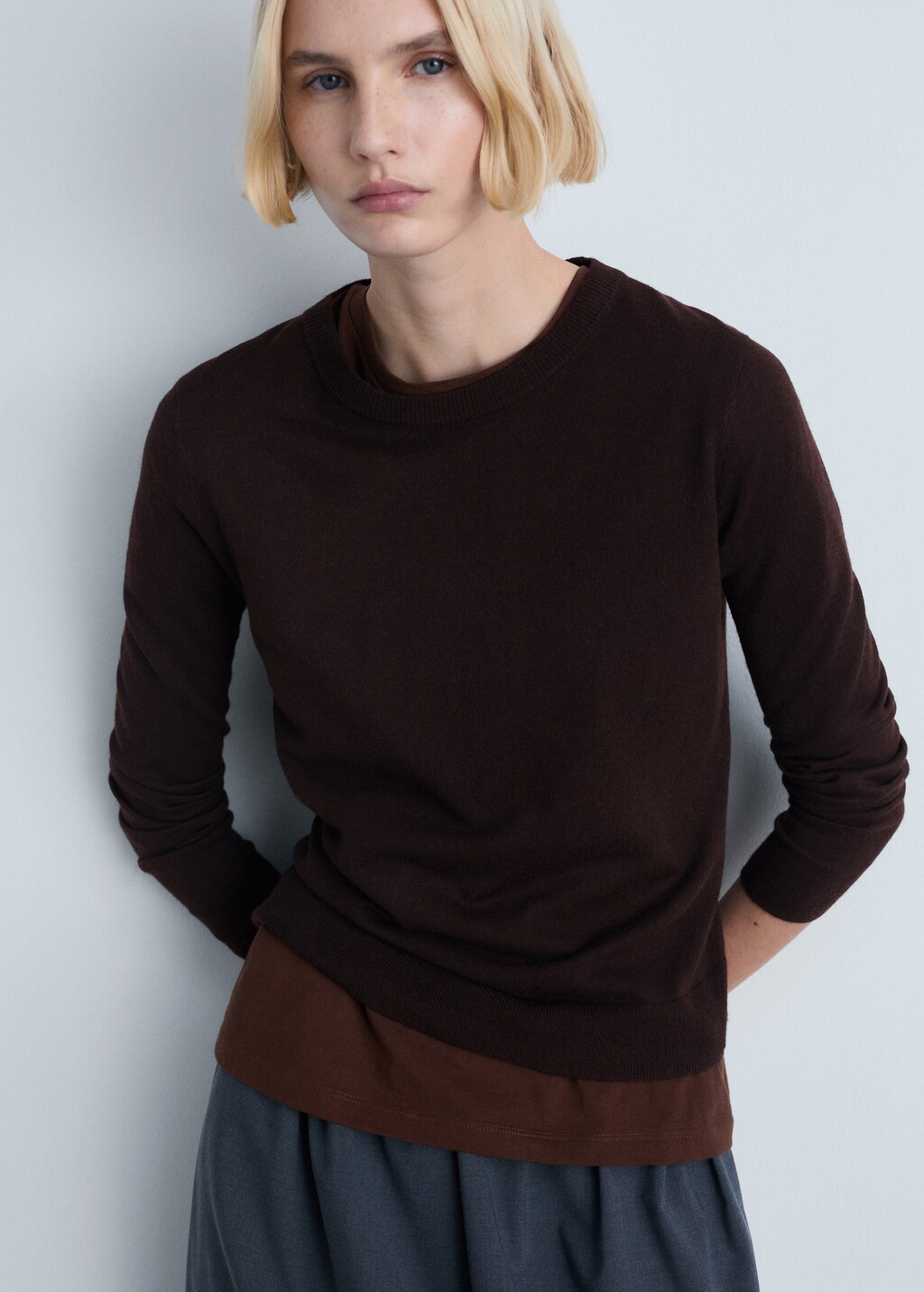 Wool-blend round-neck sweater - Khaki