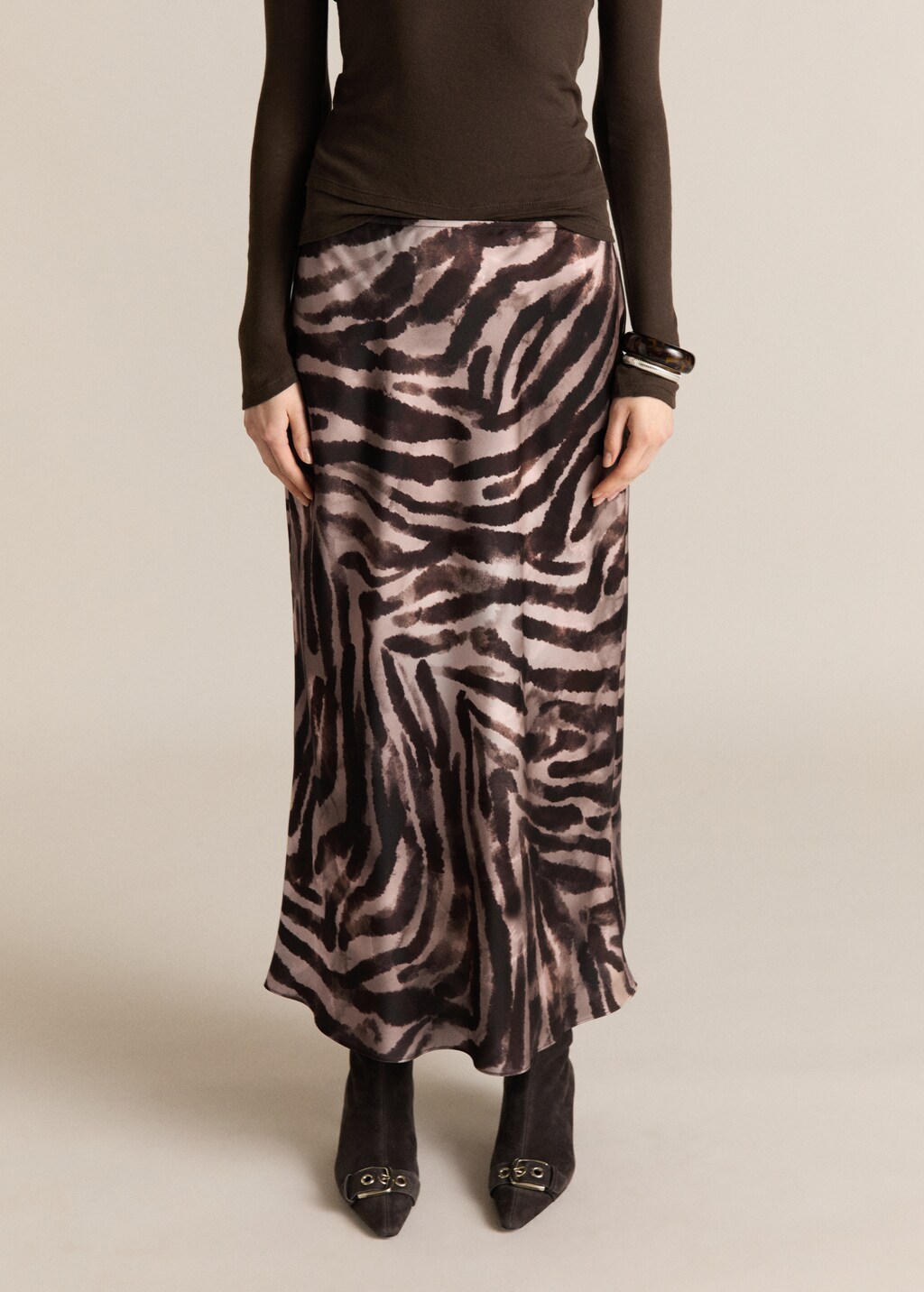 Long satin zebra skirt - Brown