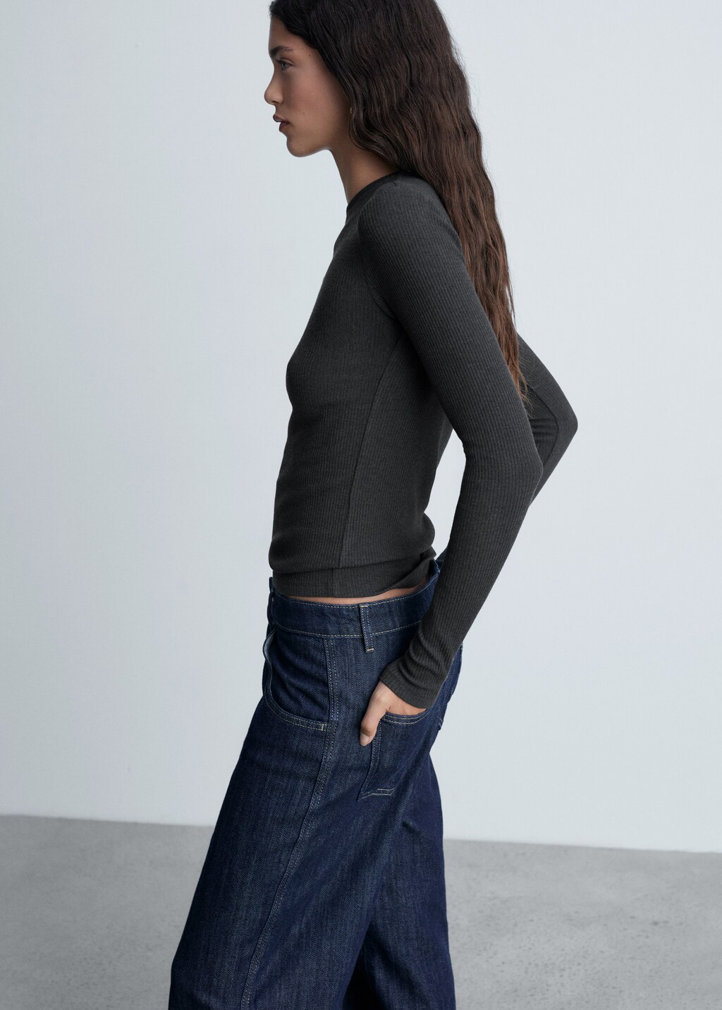 Ribbed long-sleeved t-shirt - Khaki