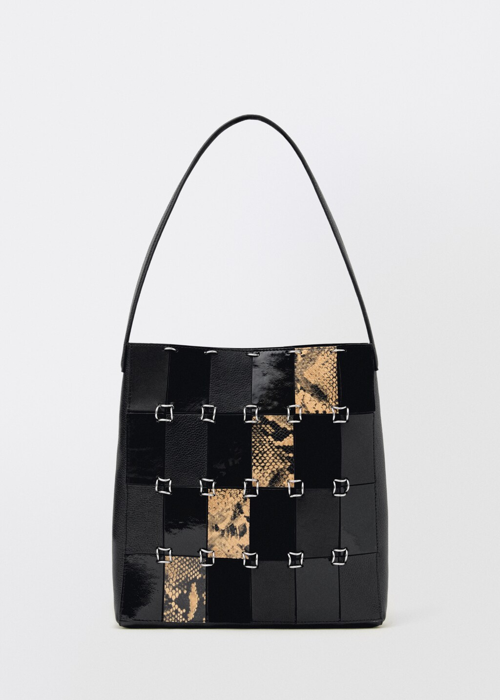 Combined-patchwork leather bag - Black