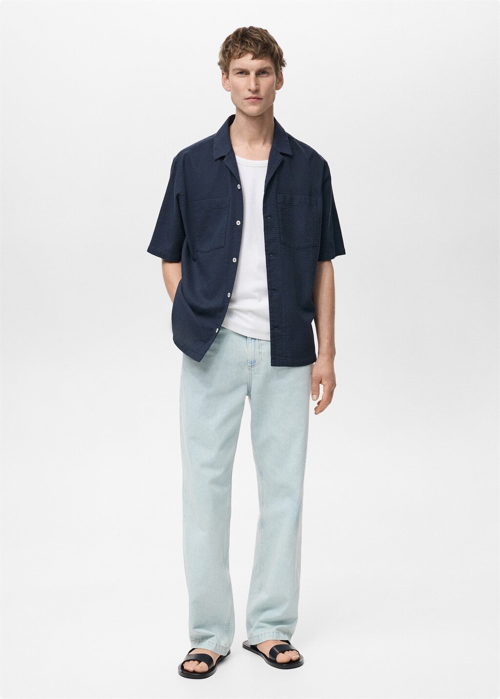 100% cotton check seersucker shirt - Dark Navy